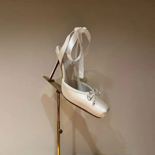 Satin Square Toe Ankle Strap Heels