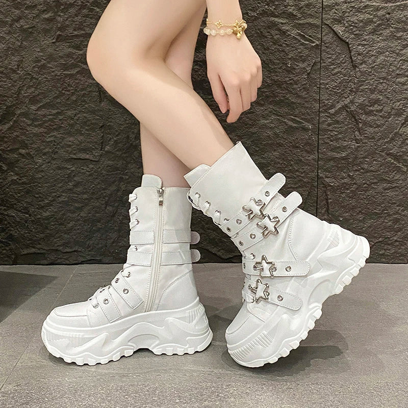Single Boots Autumn New Round Toe Front Lace-Up Platform Non-Slip
