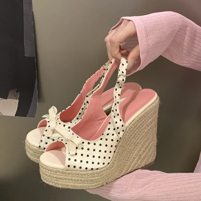 Aneikeh Summer Thick Soled Grass Woven High Heels Casual Retro Roman