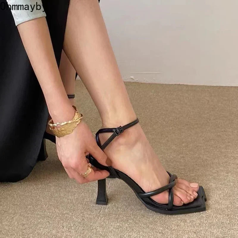 Narrow Band Ankle Strap Thick Heel Sandals