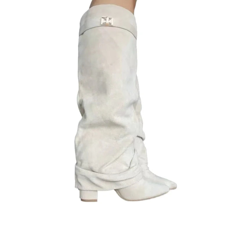 Metal Buckle Knee-High Pointed Toe Boots