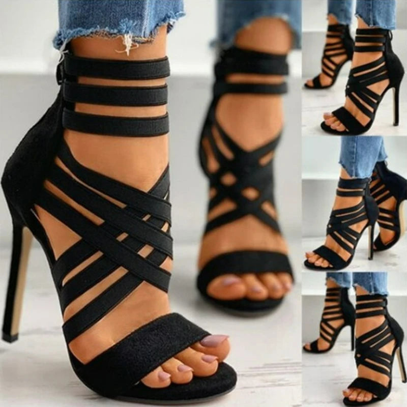 Elastic Band Cross Peep Toe Pumps