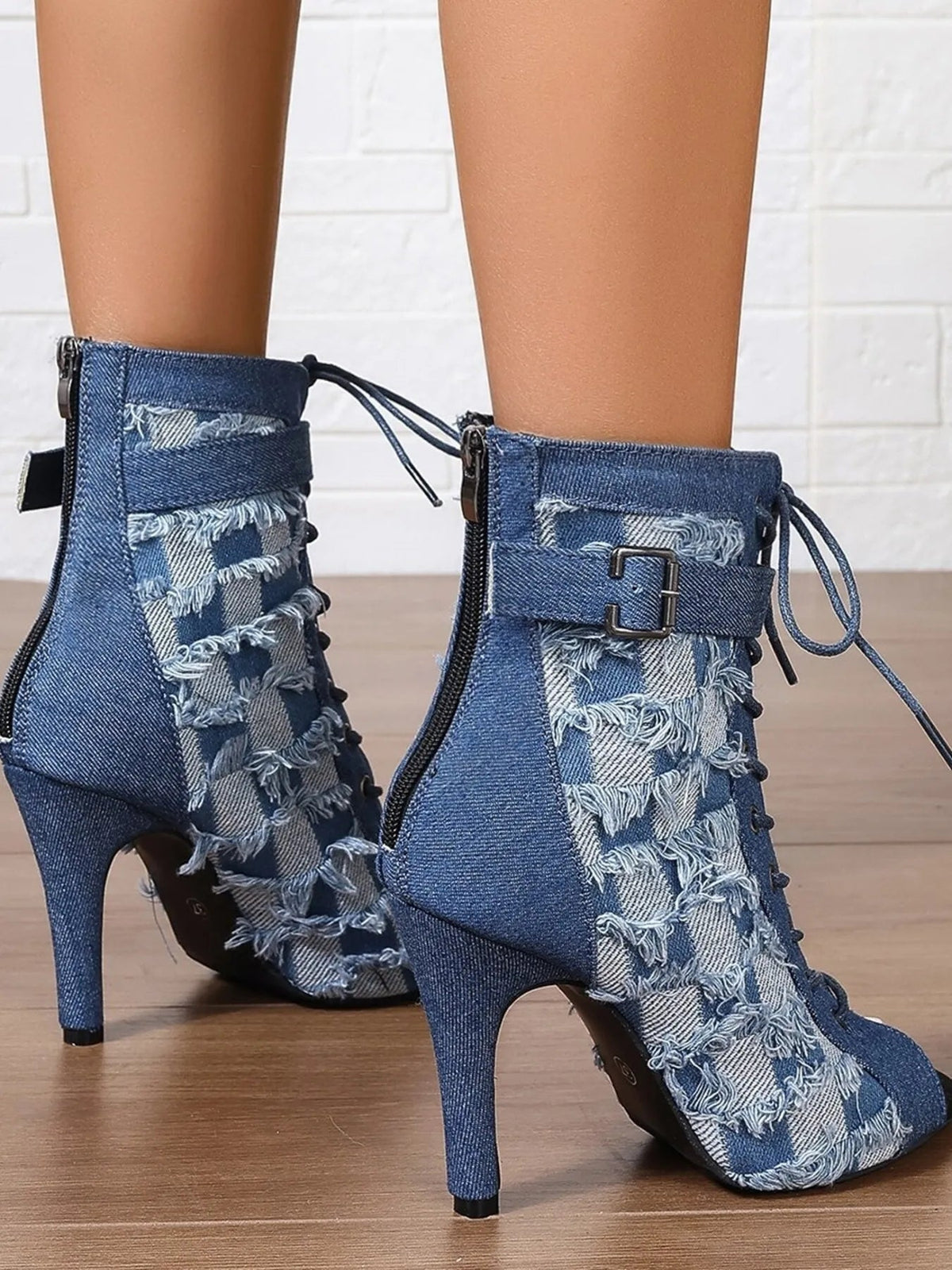 Distressed Denim Peep Toe Ankle Boots
