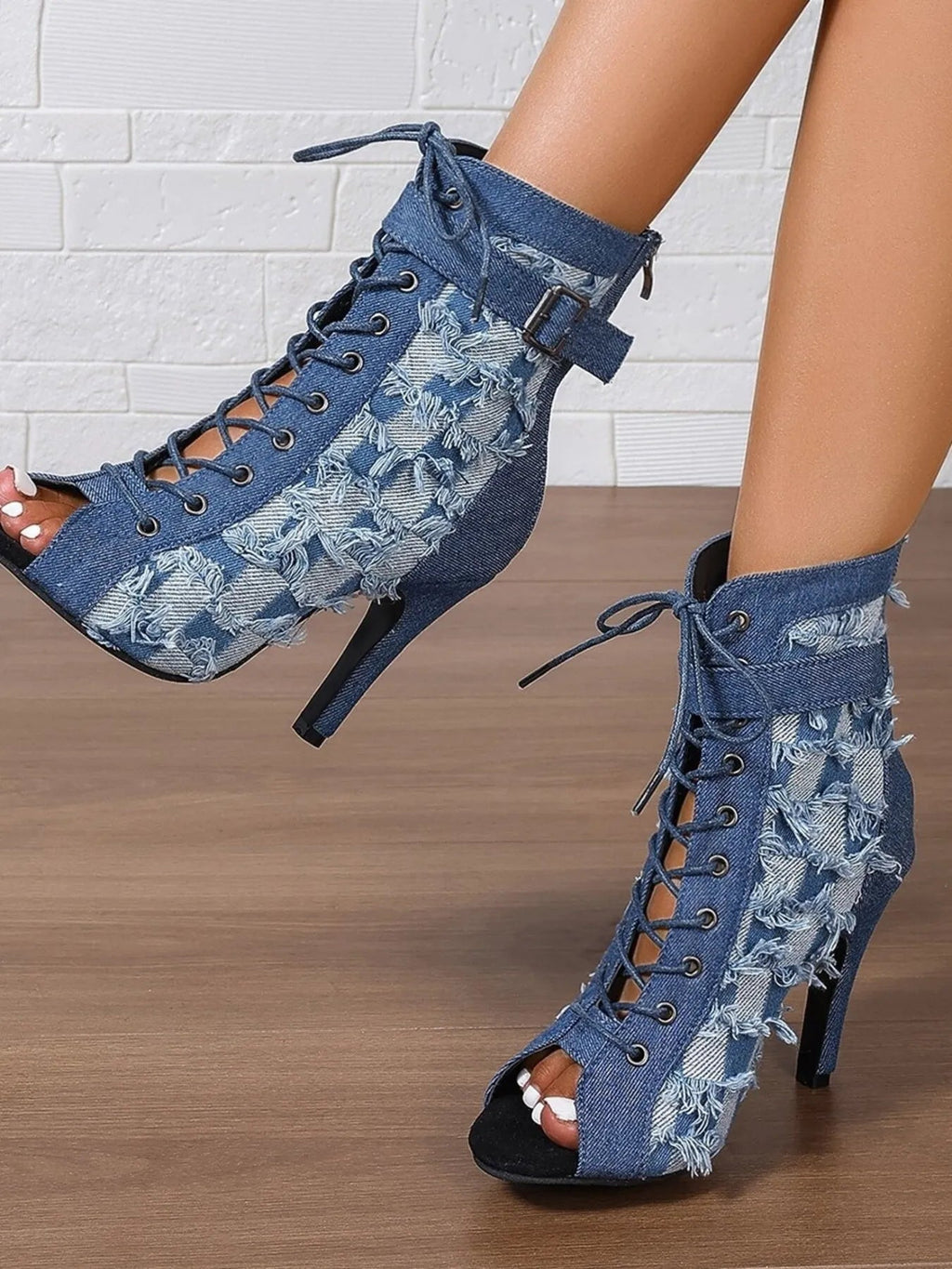 Distressed Denim Peep Toe Ankle Boots