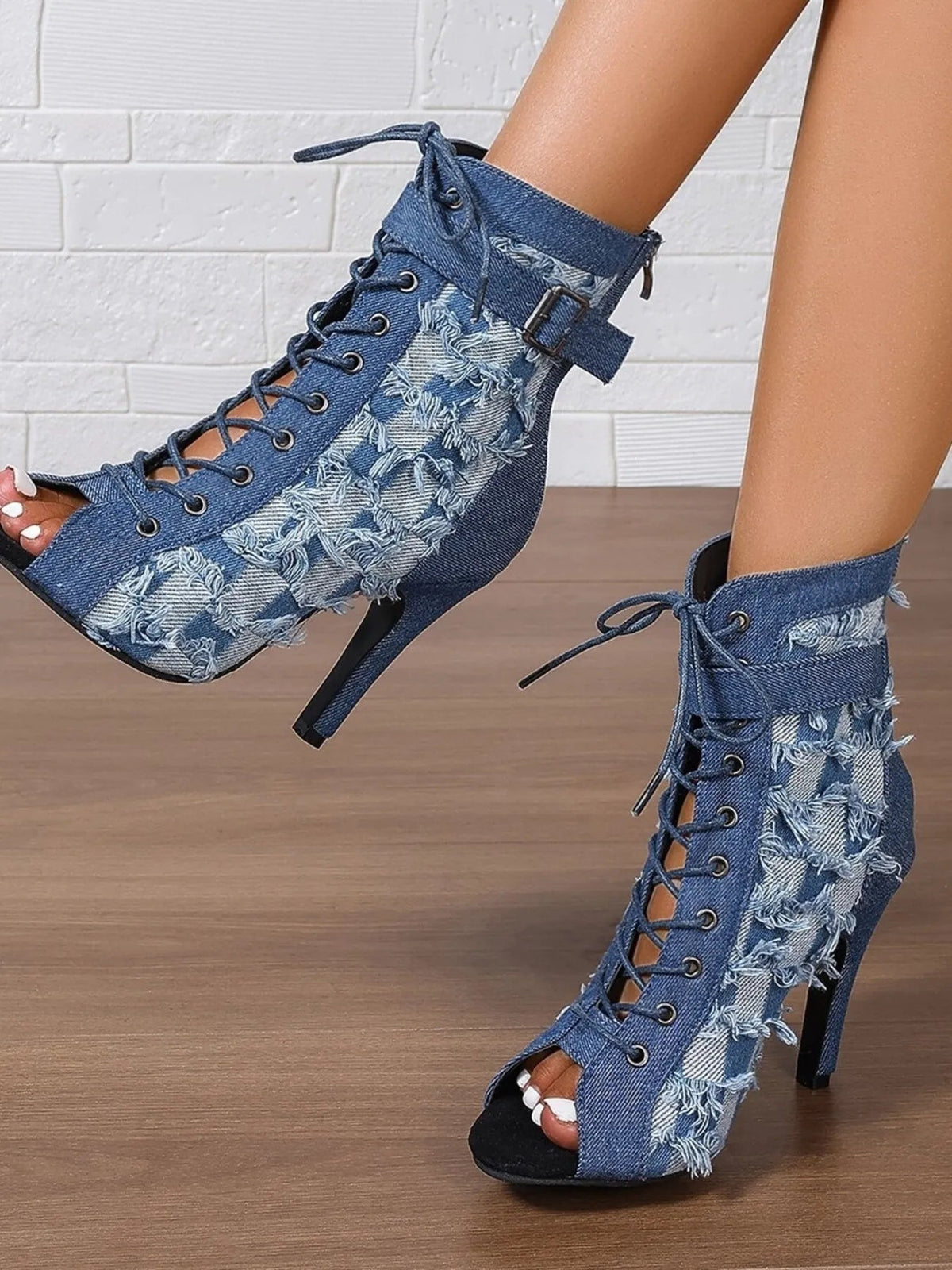 Distressed Denim Peep Toe Ankle Boots