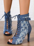 Distressed Denim Peep Toe Ankle Boots