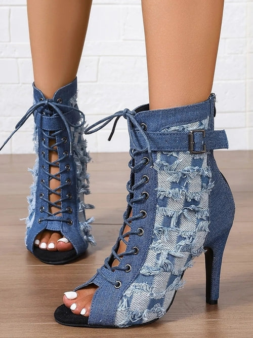 Distressed Denim Peep Toe Ankle Boots