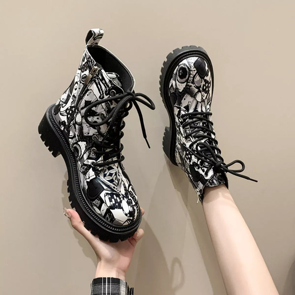 Graffiti Print Combat Boots