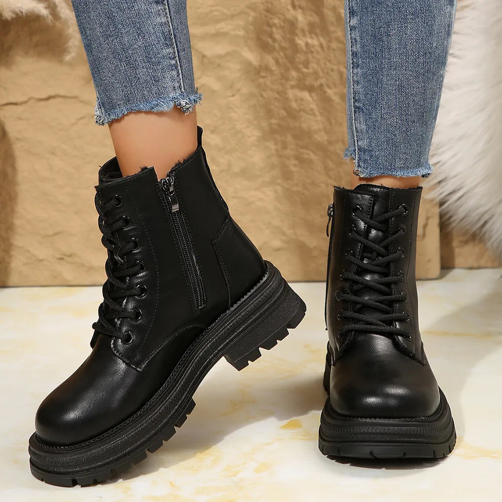 Lace-Up Platform Boots with Side Zip