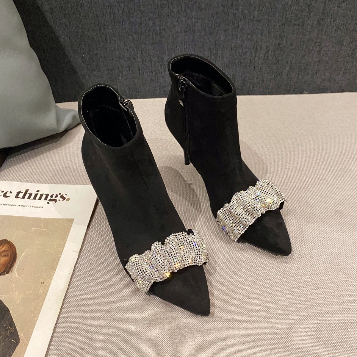 Women's Rhinestone Thin Heel Martin Boots
