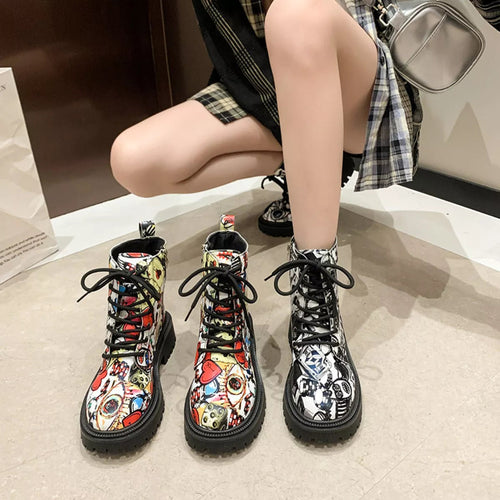 Graffiti Print Combat Boots